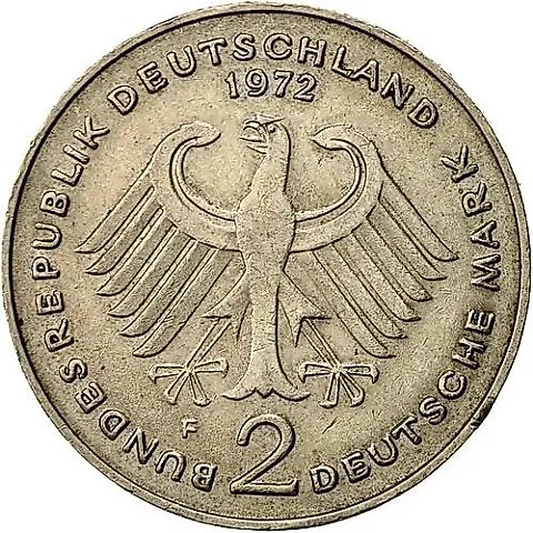 2 марки 1969, F, Конрад Аденауэр, 20 лет Федеративной Республике (1949-1969) [Германия / ФРГ] — 1