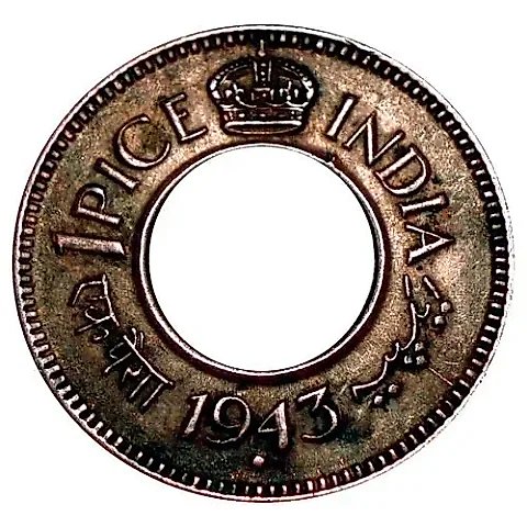 1 пайс 1943, корона с закруглёнными углами [Индия / Британская Индия] — 1
