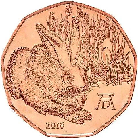 5 Euro 2016, Albrecht Dürer - The Hare, Copper [Austria] — 1