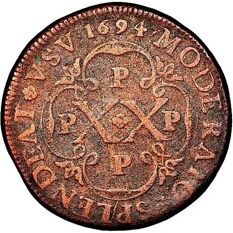 20 Reis 1694-1699, Countermarked on X Reis [Angola] — 1