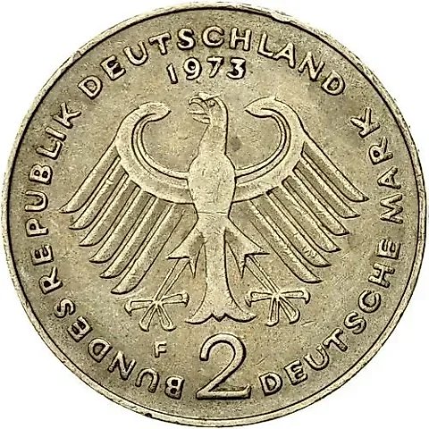 2 марки 1973, F, Конрад Аденауэр, 20 лет Федеративной Республике (1949-1969) [Германия / ФРГ] — 1