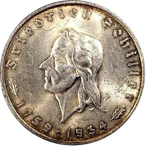 5 Reichsmarks 1934, F, Friedrich Schiller [Germany / Third Reich] — 1