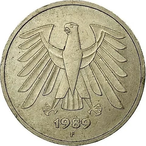5 Marks 1989, F, Mint Mark: "F" - Stuttgart [Germany / FRG] — 1
