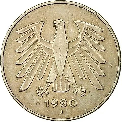 5 Marks 1980, J, mint mark: "J" - Hamburg [Germany / FRG] — 1