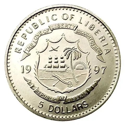 5 Dollars 1997, Rhinoceros [Liberia] — 1