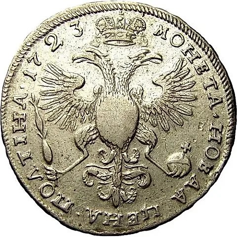 полтина 1723, поясной портрет в горностаевой мантии, "ВСЕРОСИIСКИI" — 1