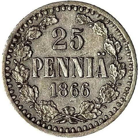 25 Penniä 1866, S — 1