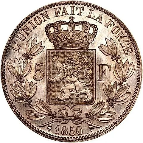 5 Francs 1850, without dot above date [Belgium] — 1