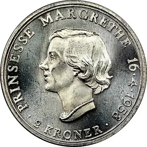 2 Kroner 1958, Princess Margrethe [Denmark] — 1