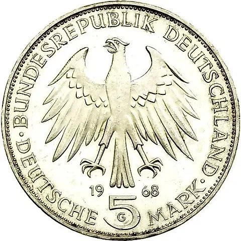 5 Marks 1968, Gutenberg [Germany / FRG] — 1