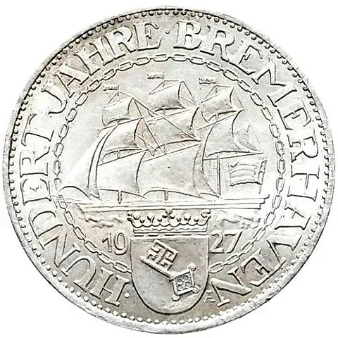 3 рейхсмарки 1927, A, Бремерхафен [Германия] — 1