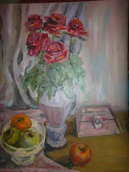 Still life with roses oil, canvas on cardboard