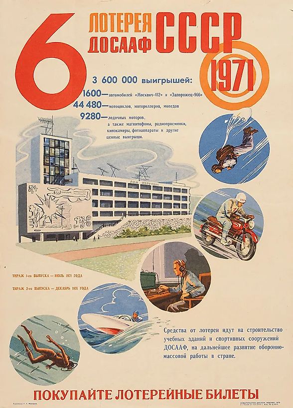 Рекламный плакат «6 лотерея ДОСААФ СССР. 1971. Покупайте лотерейные билеты» / худ. Г.Г. Макаров. М.: Издательство ДОСААФ СССР, 1970.
