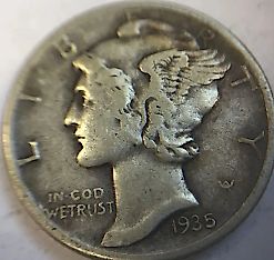 10 центов 1935 год США дайм Меркурий серебро 90%