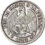 1 песо 1873, серебро (серый цвет) [Чили]
