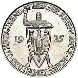 5 рейхсмарок 1925, D, Тысячелетие Рейнской области (Рейнланда) [Германия]