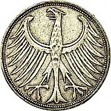 5 марок 1951, F, знак монетного двора: "F" - Штутгарт [Германия / ФРГ]