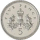 5 пенсов 1990, новый тип (малый диаметр и вес - 18 мм, 3,25 гр.) [Великобритания]