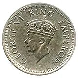 1/4 рупии 1943, ♦, Ребристый гурт с желобом внутри [Индия / Британская Индия]