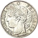 1 франк 1872, A, знак монетного двора: "A" - Париж [Франция]