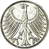 5 марок 1958, F, знак монетного двора: "F" - Штутгарт [Германия / ФРГ]