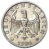 3 рейхсмарки 1931, F, знак монетного двора "F" — Штутгарт [Германия]