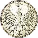 5 марок 1956, F, знак монетного двора: "F" - Штутгарт [Германия / ФРГ]