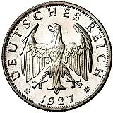 2 рейхсмарки 1927, F, знак монетного двора "F" — Штутгарт [Германия]