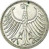 5 марок 1957, J, знак монетного двора: "J" - Гамбург [Германия / ФРГ]