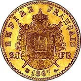 20 франков 1867, BB, знак монетного двора: "BB" - Страсбург [Франция]