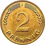 2 пфеннига 1950, F, знак монетного двора: "F" - Штутгарт [Германия / ФРГ]