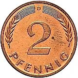 2 пфеннига 1965, D, знак монетного двора: "D" - Мюнхен [Германия / ФРГ]