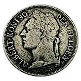 1 франк 1929, надпись на голландском - "ALBERT KONING DER BELGEN" [Демократическая Республика Конго / Бельгийское Конго]