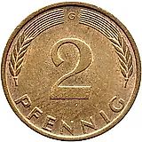2 пфеннига 1975, G, знак монетного двора: "G" - Карлсруэ [Германия / ФРГ]