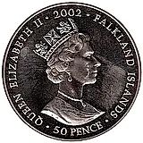50 пенсов 2002, 50 лет правлению Королевы Елизаветы II, трон [Фолклендские острова]