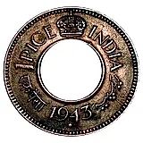 1 пайс 1943, корона с закруглёнными углами [Индия / Британская Индия]