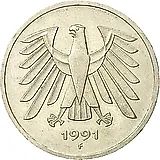 5 марок 1991, F, знак монетного двора: "F" - Штутгарт [Германия / ФРГ]