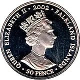 50 пенсов 2002, 50 лет правлению Королевы Елизаветы II, в карете для коронации [Фолклендские острова]