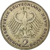 2 Marks 1974, G, Konrad Adenauer, 20 Years of the Federal Republic (1949-1969) [Germany / FRG]