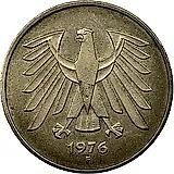 5 марок 1976, F, знак монетного двора: "F" - Штутгарт [Германия / ФРГ]