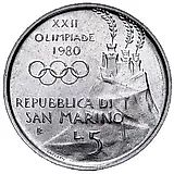 5 лир 1980, XXII летние Олимпийские Игры, Москва 1980 [Сан-Марино]