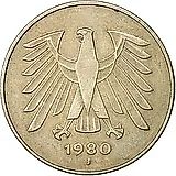 5 марок 1980, J, знак монетного двора: "J" - Гамбург [Германия / ФРГ]