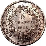 5 франков 1848, BB, знак монетного двора: "BB" - Страсбург [Франция]