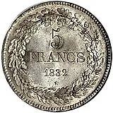 5 франков 1832, монетное отношение сторон: аверс/реверс (180°) [Бельгия]