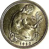 50 пфеннигов 1950, D, знак монетного двора: "D" - Мюнхен [Германия / ФРГ]