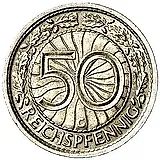 50 рейхспфеннигов 1931, G, знак монетного двора "G" — Карлсруэ [Германия / Веймарская республика]