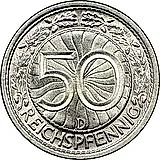 50 рейхспфеннигов 1936, D, знак монетного двора "D" — Мюнхен [Германия]