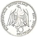 10 марок 1999, F, 250 лет со дня рождения Иоганна Вольфганга фон Гете [Германия]