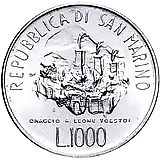 1000 лир 1978, 150 лет со дня рождения Льва Николаевича Толстого [Сан-Марино]