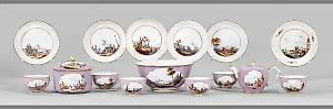 Meissen porcelain service set with lavender color and decor depicting trade and landscape.